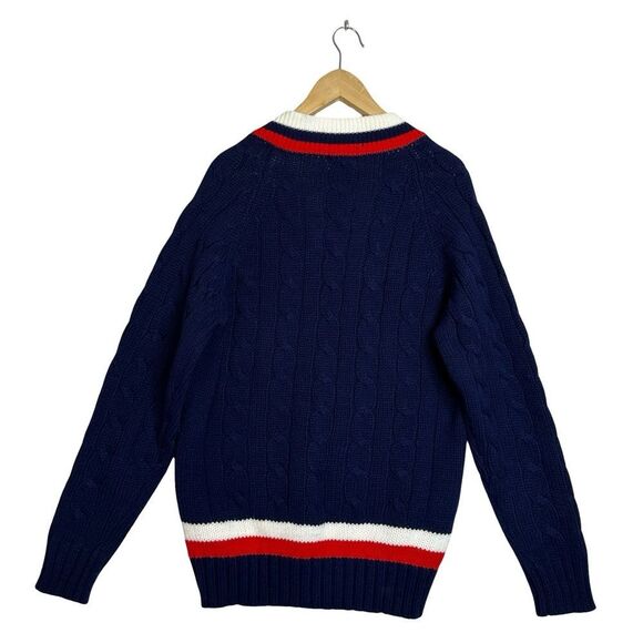 Vintage IZOD LACOSTE Cable Knit V-neck Sweater Blue with Red & White Size XL - Picture 4 of 13